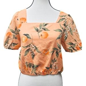 LOFT XSP Petite Peach Citrus Print Tie Back Puff Sleeve Cotton Cottagecore Top